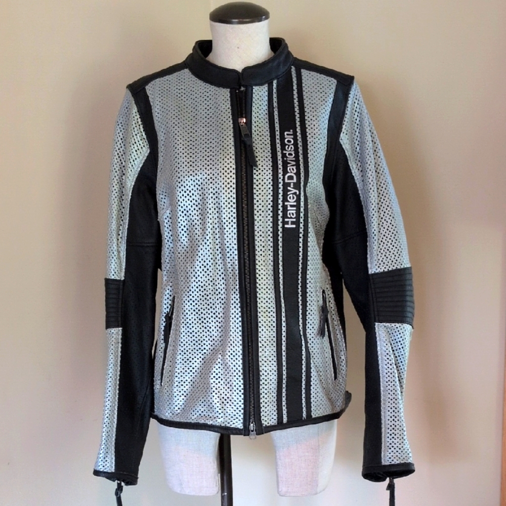 Lg. Harley-Davidson Black & Gray Leather Jacket with Mock Neck